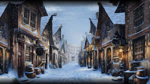 白雪覆蓋的中世紀街道，夜晚有發光的燈籠和石頭建築。