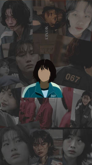《魷魚遊戲》角色拼貼畫，中央人物穿著標有067的藍色制服。 — 鎖定螢幕 壁紙