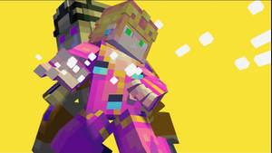 兩個Minecraft角色以充滿活力的像素風格擁抱。