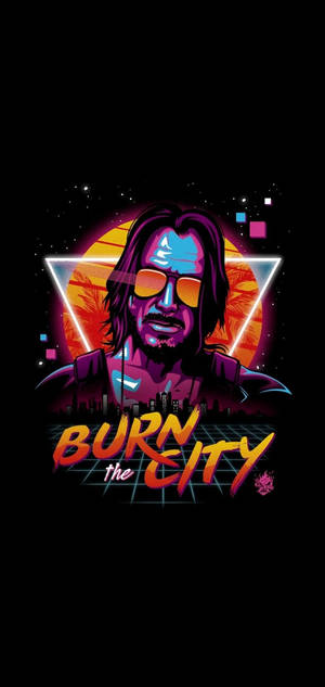 戴太陽眼鏡的男子，帶有「Burn the City」文字，霓虹賽博龐克風格。