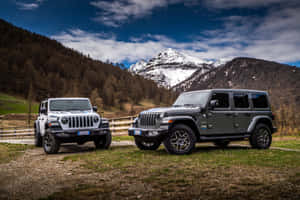 兩輛Jeep Wrangler停泊在山間草地上，背後有積雪的山峰。