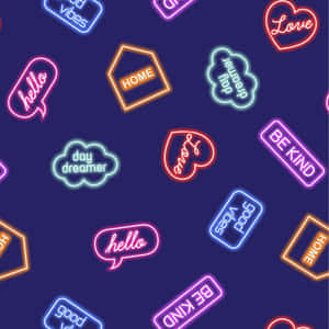 帶有 hello home 和 be kind 等字樣的霓虹燈牌以圖案發光。 — 燈籠 壁紙
