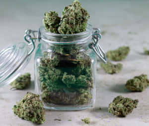 裝滿綠色大麻花蕾的玻璃罐，有紋理的表面上散落著花蕾。