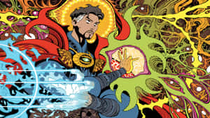 奇異博士在旋轉的宇宙背景下施展發光的魔法咒語。