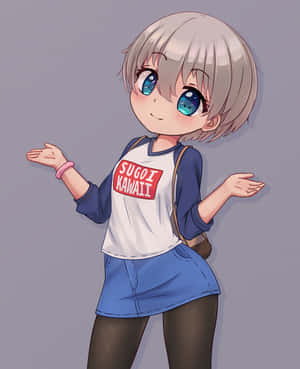 動畫女孩，銀色頭髮和藍色眼睛，穿著 'SUGOI KAWAII' 襯衫和藍色裙子。