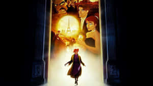 女孩面對一個魔法傳送門，顯示貝兒和野獸在巴黎。