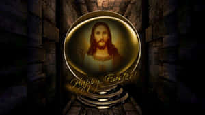 一條石頭走廊中帶有耶穌圖像和Happy Easter文字的金色水晶球。 — 復活節 壁紙