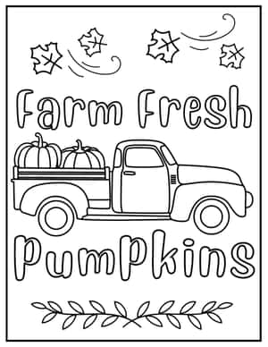 復古皮卡車載有南瓜，文字'Farm Fresh Pumpkins'和秋葉。
