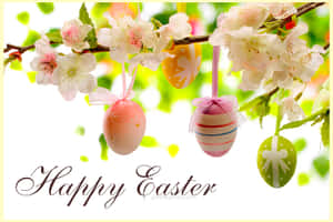 裝飾性復活節蛋掛在櫻花上，帶有「Happy Easter」文字。