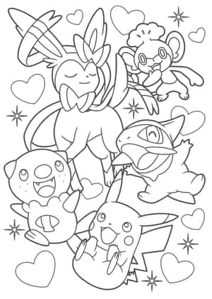 五個微笑的寵物小精靈角色，周圍有心形和星星。