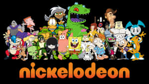 色彩繽紛的著名 Nickelodeon 卡通角色陣容，附有頻道標誌。