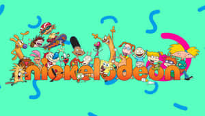 Nickelodeon標誌被其標誌性卡通角色環繞在青色背景上。