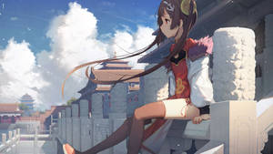 動漫女孩坐在石牆上，藍天下俯瞰傳統中式建築。 — 碧藍航線 壁紙