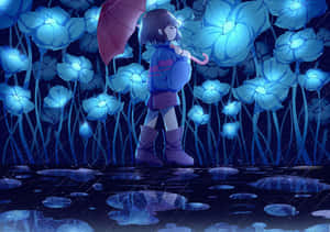 動漫女孩拿著紅色雨傘在雨中走在發光的藍色花朵之間。