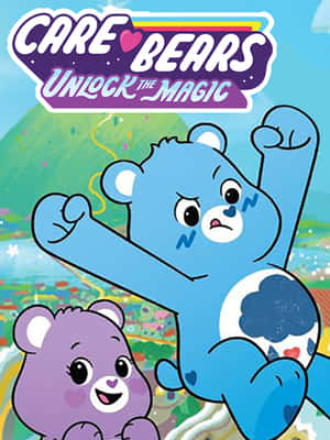 兩隻Care Bear在充滿活力的魔法風景中微笑。