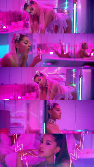 Ariana Grande 在粉紅色霓虹浴室中，穿著白色荷葉邊服裝和鑽石飾品。