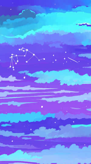 鮮豔的紫色和青色天空，帶有雲朵和發光的星座。