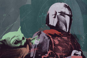 Grogu 和 The Mandalorian 的風格化數位插圖，帶有青綠色和紅色色調。