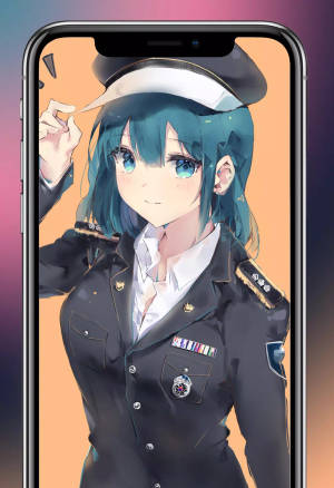 動漫女孩穿著海軍制服在手機屏幕上調整帽子