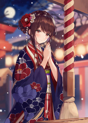 動漫女孩穿著和服在月光下神社祈禱