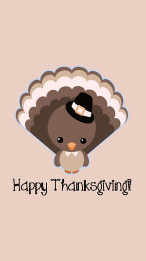 戴著朝聖者帽的可愛火雞卡通人物與Happy Thanksgiving文字。