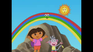 Dora 和 Boots 在彩虹和微笑的太陽下微笑。