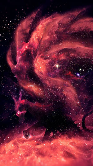在充滿星星的鮮豔紅色和紫色星雲中的龍剪影。