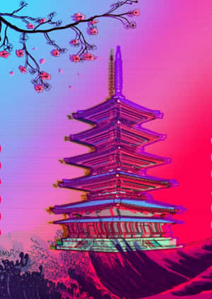 在霓虹天空下，一座發光的寶塔，櫻花飄浮在海浪之上。