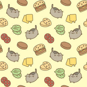 Pusheen 貓和食物在淡黃色背景上重複出現的圖案。