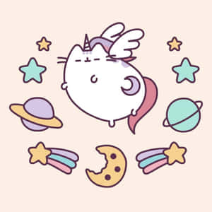 一隻可愛的貓咪，長著翅膀和角，在太空中被星星、行星和餅乾包圍。