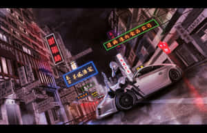 動漫女孩在夜晚霓虹燈照亮的城市小巷中靠在一輛銀色跑車上。