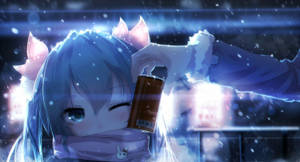 貓耳動漫女孩在雪夜城市中拿著罐子。