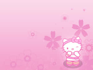Hello Kitty 角色被粉紅色花朵和閃光包圍在漸變背景上。