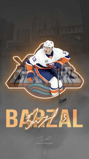 冰球運動員 Barzal 以球隊標誌和城市背景擺出動作姿勢。