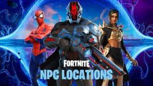 三個 Fortnite 角色在發光的宇宙背景前擺出姿勢，手持未來武器。 — 要塞英雄 大逃殺 壁紙
