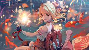 動漫女孩手持煙花棒和錦鯉在節日夜晚場景中