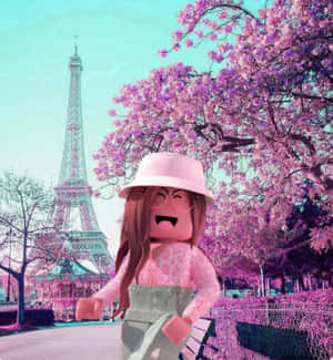 Roblox角色在艾菲爾鐵塔附近的粉紅色櫻花下微笑。