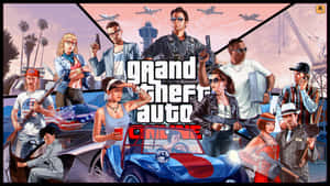 Grand Theft Auto Online 角色手持武器和汽車，身處有棕櫚樹和飛機的城市景觀中。