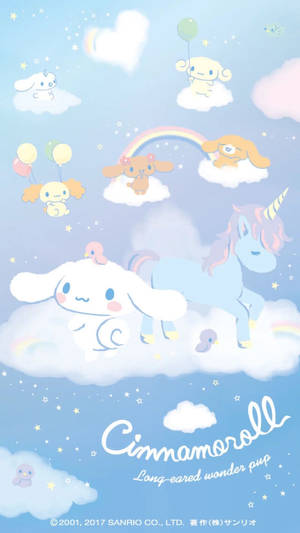Cinnamoroll 和朋友們在雲朵上，伴隨著彩虹和星星