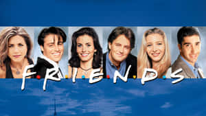 六位來自電視節目 Friends 嘅微笑演員喺節目標題後面擺姿勢。 — 老友記 壁紙