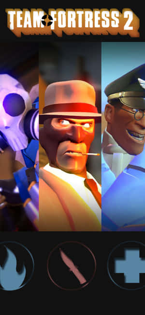 三個《Team Fortress 2》角色及下方武器圖示 — iPhone 14 壁紙