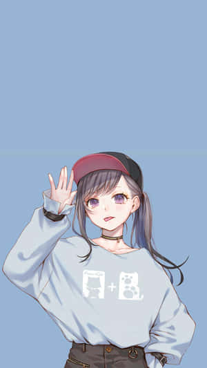 戴帽子的動漫女孩在藍色背景前穿著貓圖案T恤揮手 — 9:16 壁紙