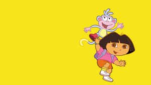 Dora the Explorer 和 Boots 在黃色背景上興奮地跳躍。
