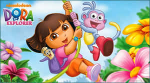 Dora the Explorer 和她的猴子朋友 Boots 在一個有花朵的叢林中盪來盪去。