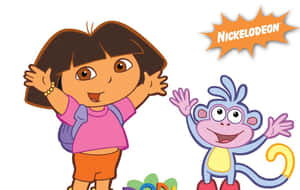 愛探險的Dora和Boots與Nickelodeon標誌一起開心揮手。