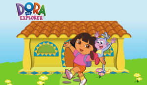 Dora the Explorer 和 Boots 在他們色彩繽紛、有太陽圖案的房子前揮手。