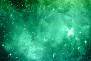 深空中帶有閃爍星星的發光綠色星雲。