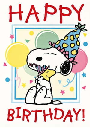 戴著派對帽的史努比手持寫有「Happy Birthday」的氣球 — 生日蛋糕 壁紙