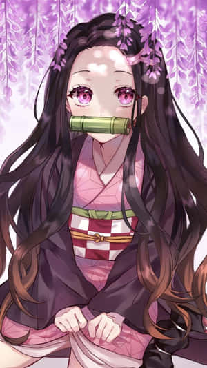在紫色紫藤花下戴著竹製口塞和和服的動漫女孩 — 動漫女孩 壁紙