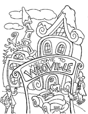 Whoville 歡迎標牌，車中的格林奇和古怪建築